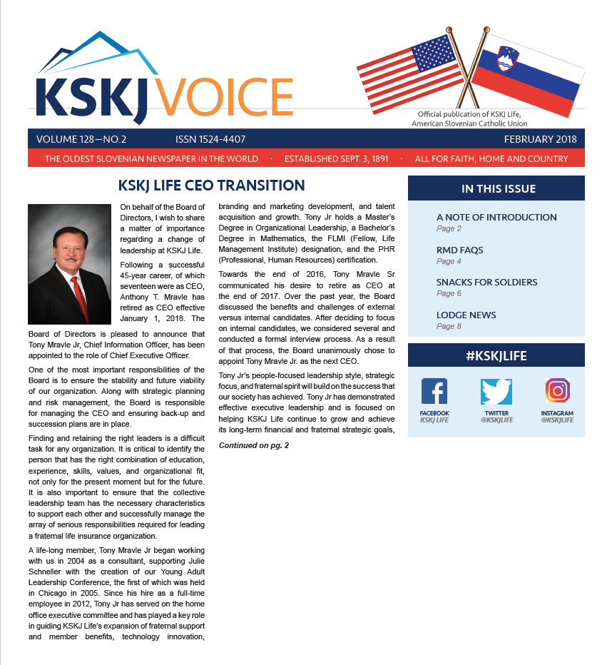 Screenshot of February 2018 KSKJ Voice Newsletter